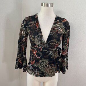 Vintage Y2K Rampage Womens Medium Wrap Top Paisley Bell Sleeves Blouse USA